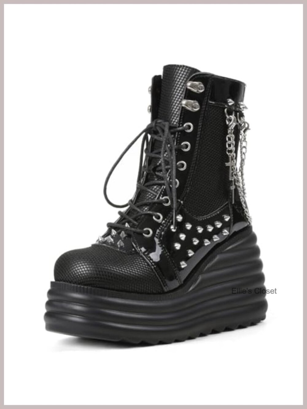 Platform Combat Boots with Punk Chains & Studs Lace Up Wedge Ankle Boots